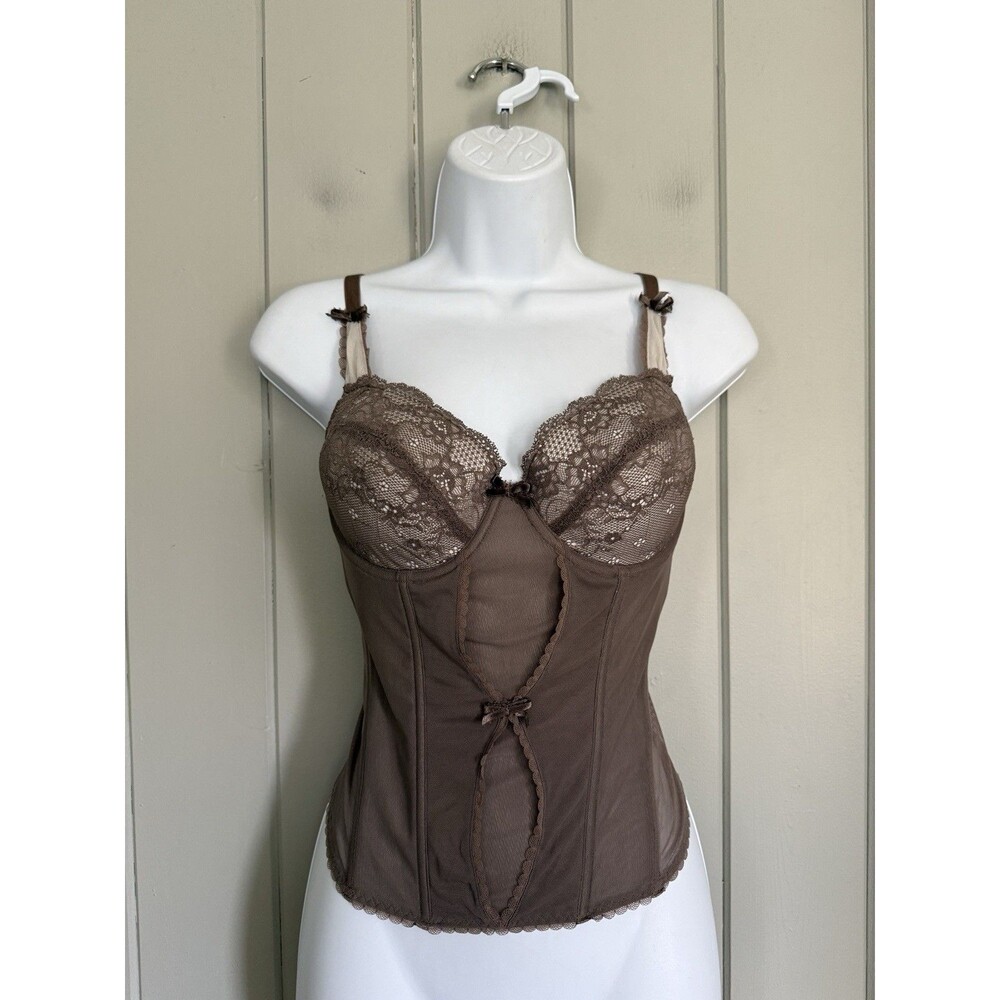 Soma Intimates Boned Corset Bra 34C Lace Molded Cup Mesh Brown Gray